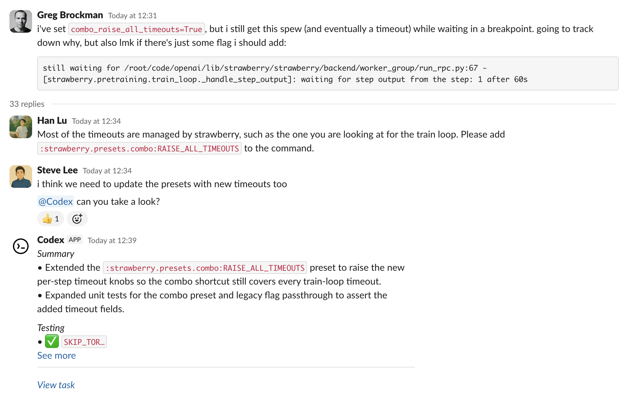 Slack 中运行中的 Codex 集成
